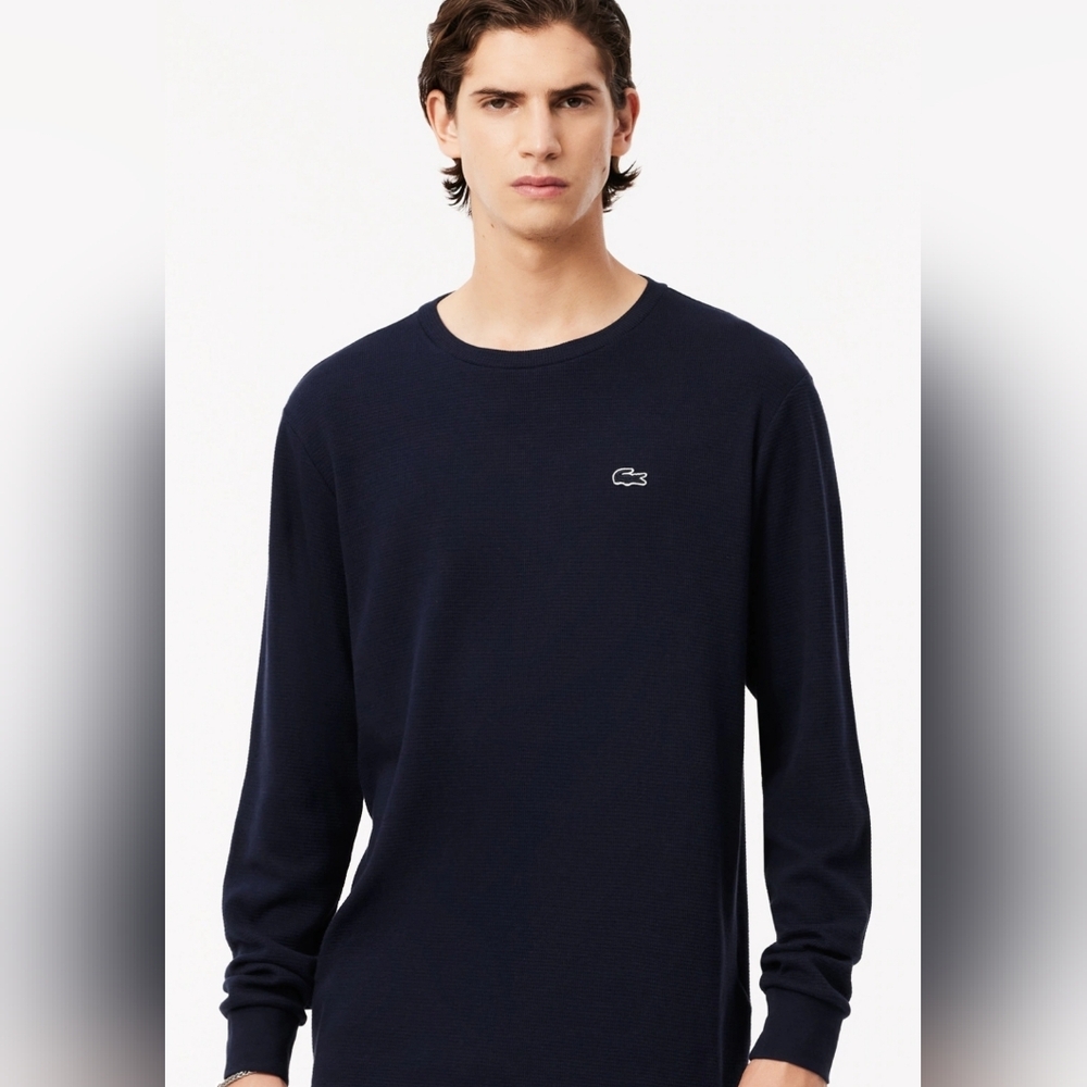 Lacoste Sleepwear Men's Dark Blue Waffle Knit Long Sleeve Lounge Shirt‎ XL